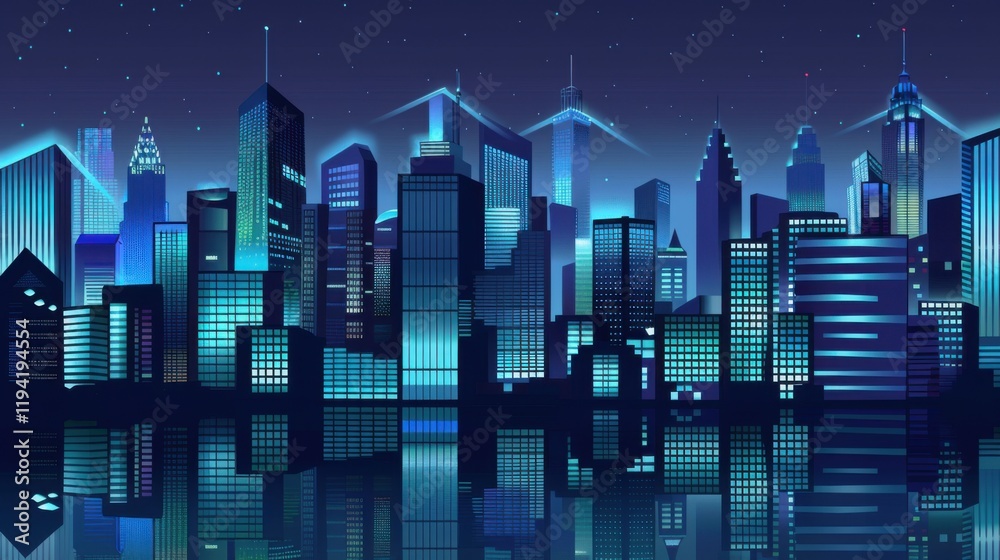 Obraz premium Sleek Reflective Skyscrapers and Bustling Business Office Buildings