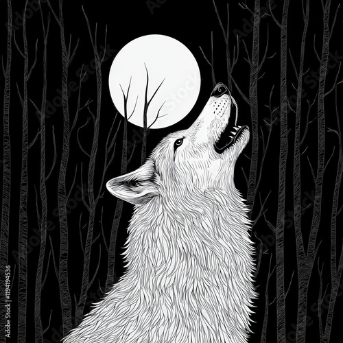 Majestic Wolf Howling at Full Moon in Dark Forest Setting with Intricate Line Art Illustrations Capturing the Beauty of Nature and Wild Animals