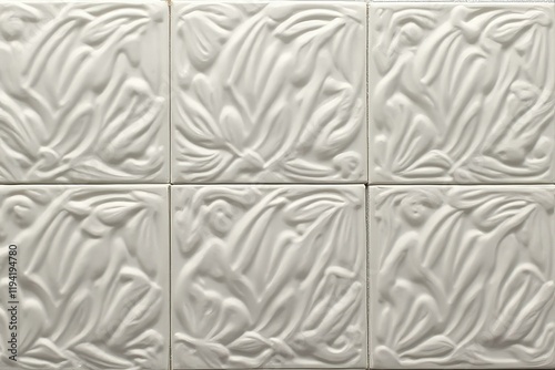 White ceramic tiles with raised 3D floral and wave like patterns arranged in a 2x3 grid photo