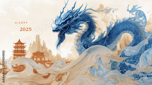 A stunning illustration of a blue dragon celebrating the year 2025. photo