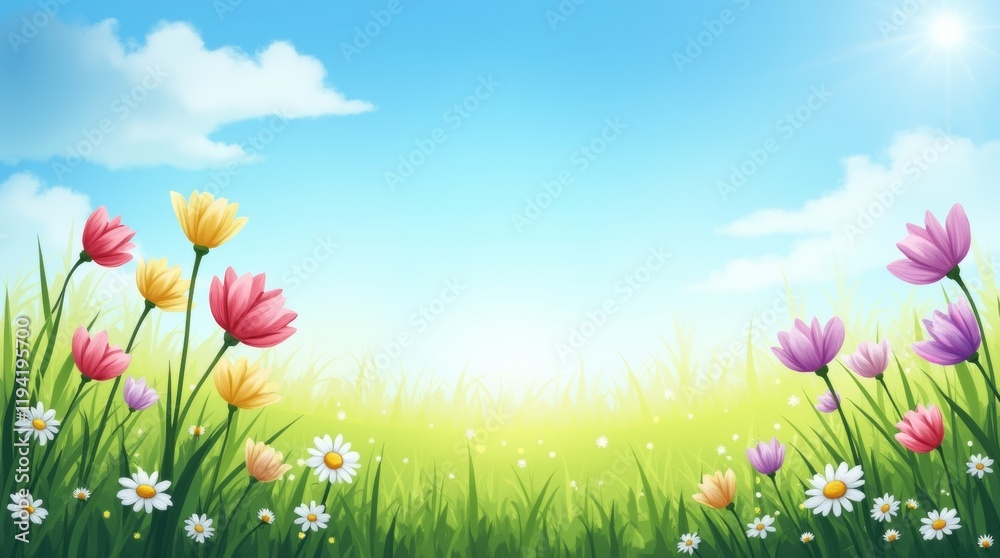 Obraz premium blooming flowers and green grass under a clear blue sky