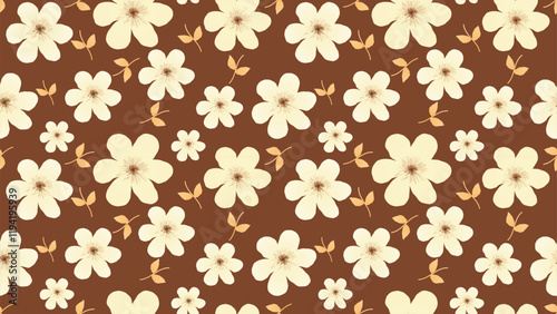 Vector illustration of seamless pattern flowers, cream and brown color tones, light colored leaves. For backgrounds, designs, graphics, publications, clothing designs, packaging.