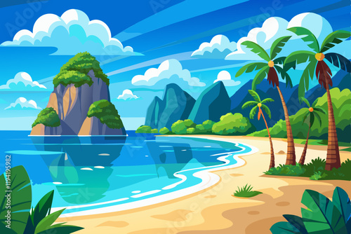 Blue sky and clear azure water tropical landscape limestone vector art illustration
