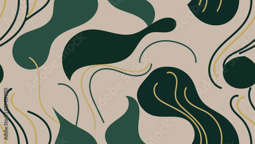 A vector illustration of a minimalist seamless pattern, emphasizing the use of gentle, flowing curves. With elements of gold and dark green patterns contrasting with a beige background for design