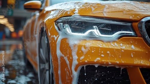 Close-up of a vibrant orange car being washed with soap, showcasing detailed headlights and water droplets