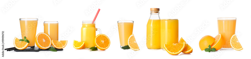 Set of fresh orange juice isolated on white Set of fresh orange juice isolated on white