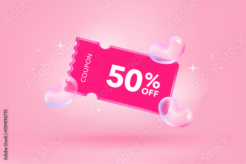 Happy valentine's day promotion sales and Discount coupon online purchases. Tag label, banner with Percentage isolated. 3d rendering.