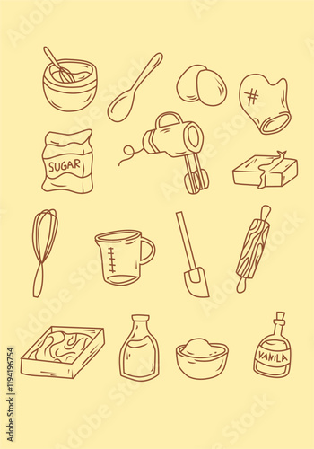 Baking supplies clipart sticker doodle utensil bakery cooking hand drawn icons sketch illustration Doodle kitchen objects set
