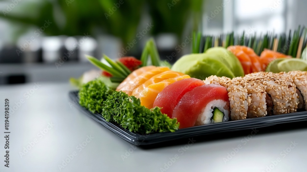 Vibrant Sushi Platter Softly Lit Delicious arrangement showcases fresh seafood rolls. AI Generated Vibrant Sushi Platter Softly Lit Delicious arrangement showcases fresh seafood rolls. AI Generated