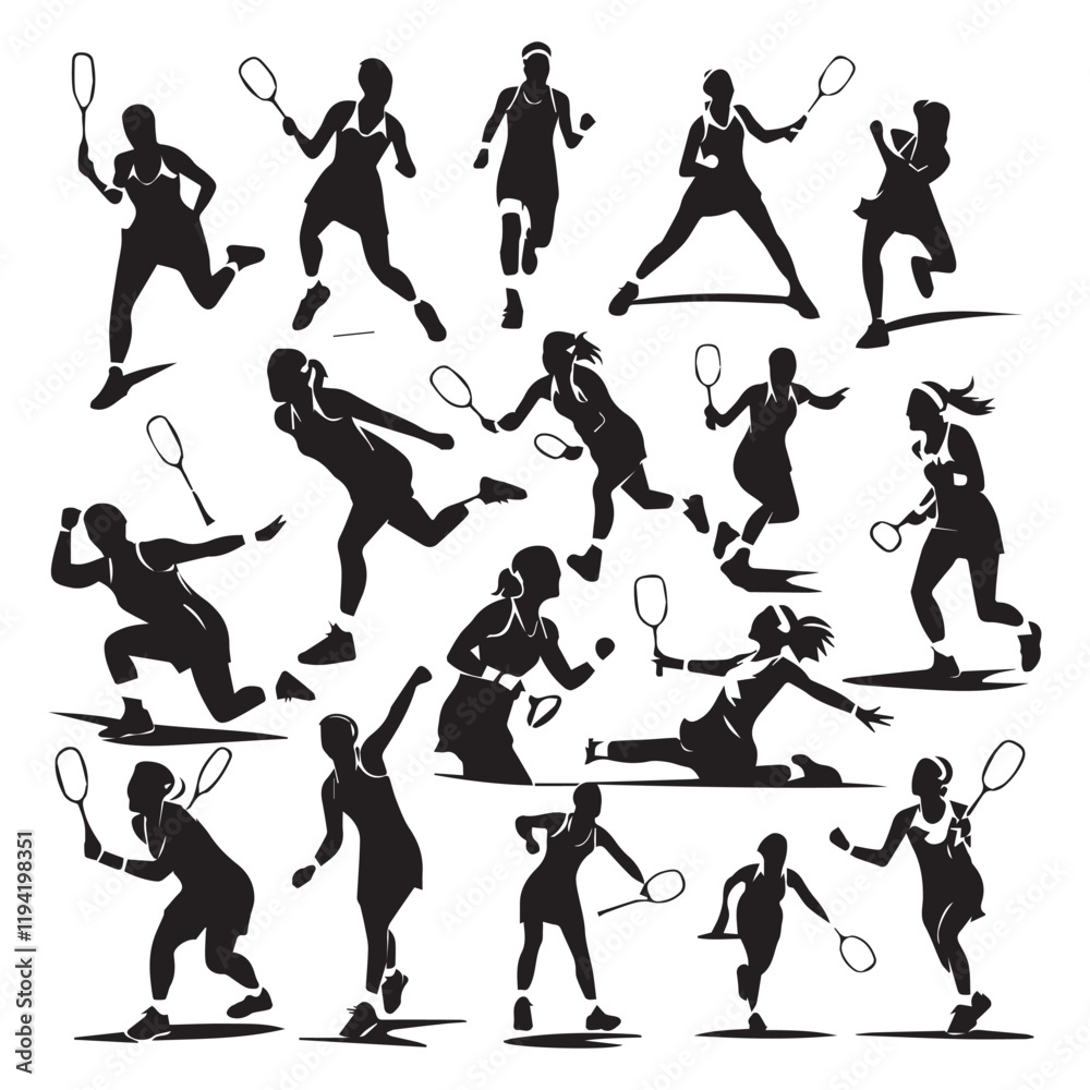 set of black various poses badminton players vector silhouettes set of black various poses badminton players vector silhouettes