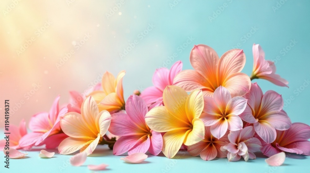 Delicate pastel blossoms arranged on a tranquil blue background, showcasing the gentle beauty of nature's artistry in a soft, sunlit ambiance. Delicate pastel blossoms arranged on a tranquil blue background, showcasing the gentle beauty of nature's artistry in a soft, sunlit ambiance.