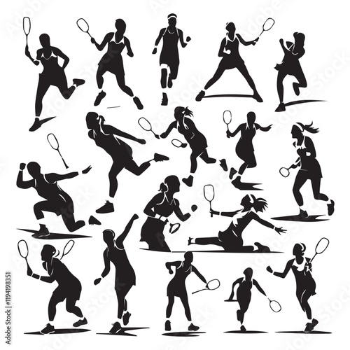 set of black various poses badminton players vector silhouettes