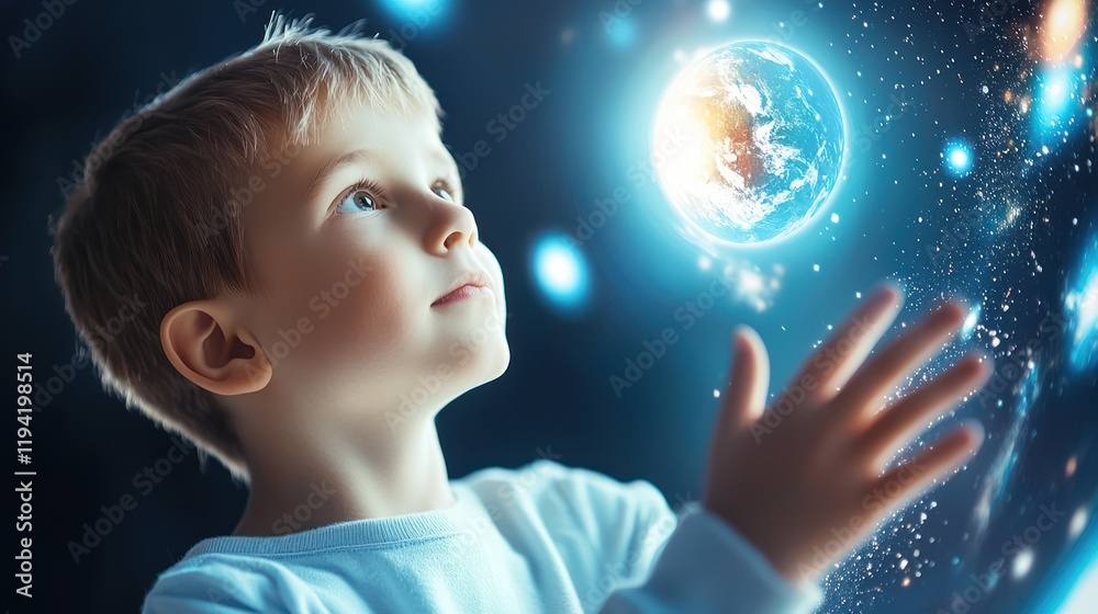 Naklejka premium A young boy gazes in wonder at a glowing globe, surrounded by a starry backdrop, symbolizing curiosity and dreams of exploration.