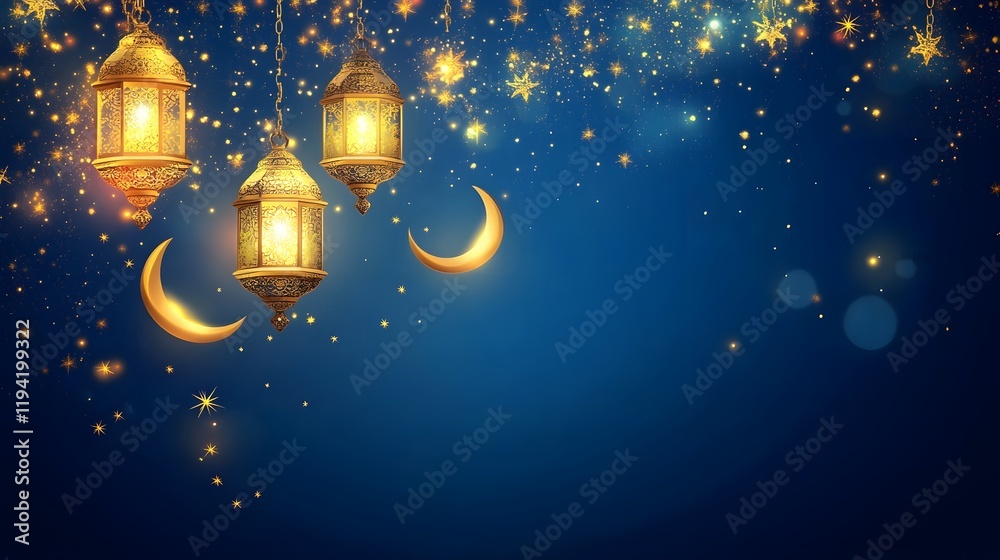 Obraz premium Elegant Ramadan Kareem background with hanging lanterns and crescent moon, banner decoration in an Islamic festival celebration