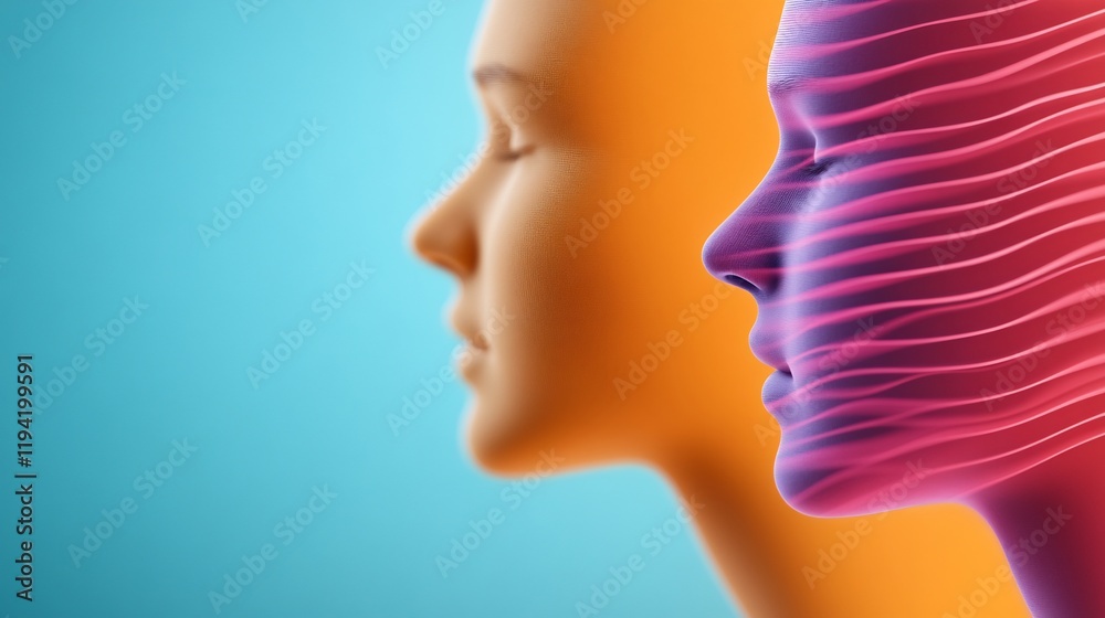 Fototapeta premium Serene profile portraits glow softly warm orange and cool purple light. AI Generated