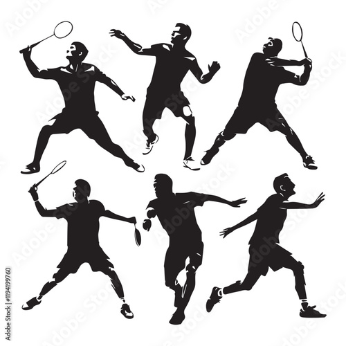 set of black various poses badminton players vector silhouettes
