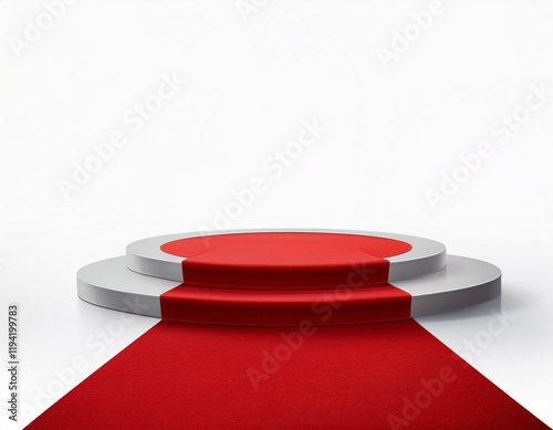 Empty podium or pedestal display on white background with red carpet and exclusive concept. Generated image