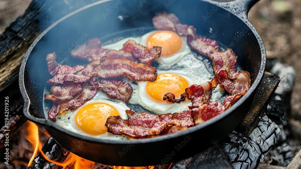 Cooking bacon and eggs in a cast iron skillet over an open fire in a rustic outdoor setting, A cast iron skillet with bacon and eggs cooking over a campfire Cooking bacon and eggs in a cast iron skillet over an open fire in a rustic outdoor setting, A cast iron skillet with bacon and eggs cooking over a campfire
