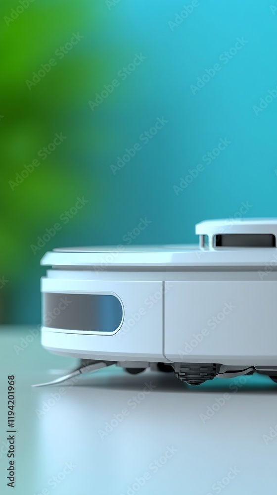 Fototapeta premium Sleek robotic vacuum cleaner sits quietly on bright surface soft light enhances clean design. AI Generated