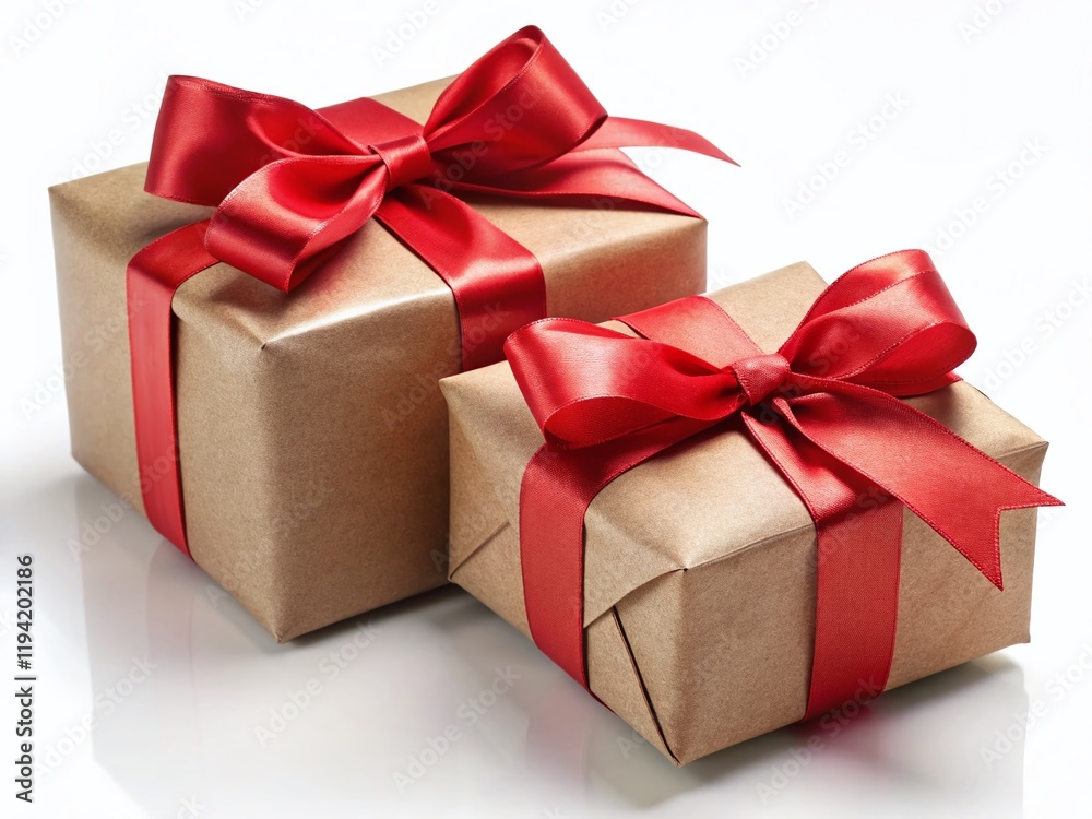 Obraz premium Elegant Gift Boxes: Close-up Craft & Red Wrapped Presents with Satin Ribbons on White