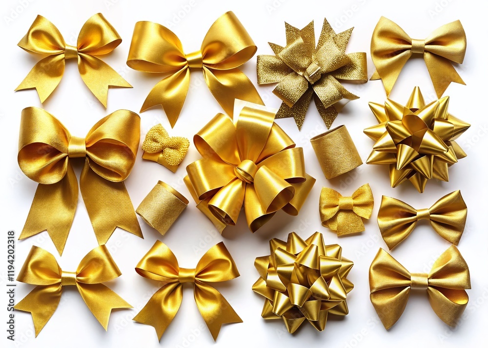 Elegant Gold Bow and Ribbon Set, Isolated on White Background - Perfect for Festive Designs Elegant Gold Bow and Ribbon Set, Isolated on White Background - Perfect for Festive Designs