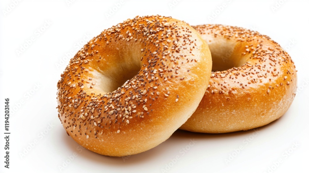 Freshly Baked Bagels With Sesame Seeds Perfect For Breakfast, Snack, or Brunch With Soft Texture and Golden Brown Color On A Clean White Background Freshly Baked Bagels With Sesame Seeds Perfect For Breakfast, Snack, or Brunch With Soft Texture and Golden Brown Color On A Clean White Background
