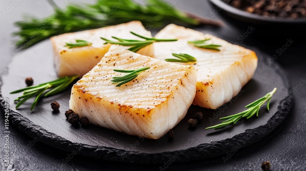 Grilled fish fillets garnished with fresh herbs on slate platter Grilled fish fillets garnished with fresh herbs on slate platter