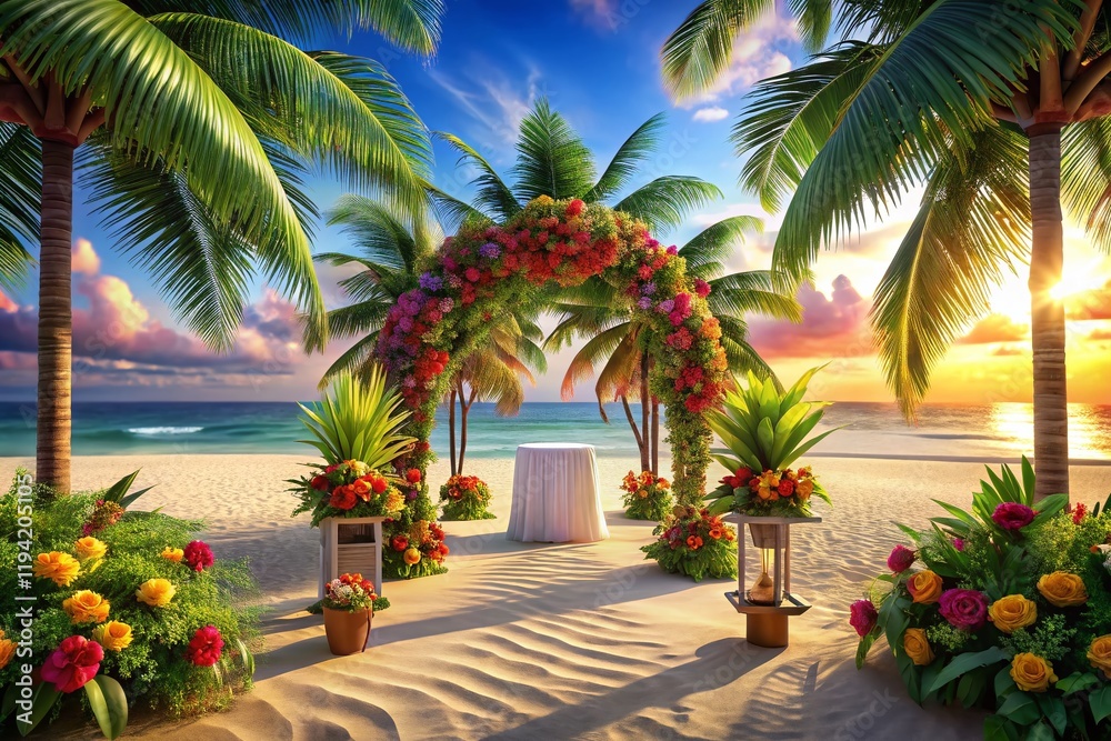 Fototapeta premium Exotic Tropical Beach Wedding Altar, Island Getaway Destination Wedding Ceremony Setup