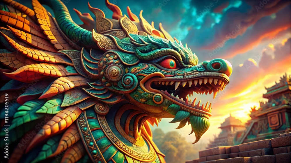 Fototapeta premium Feathered Serpent God Statue, Ancient Mesoamerican Mythology, High Detail, Deep Focus