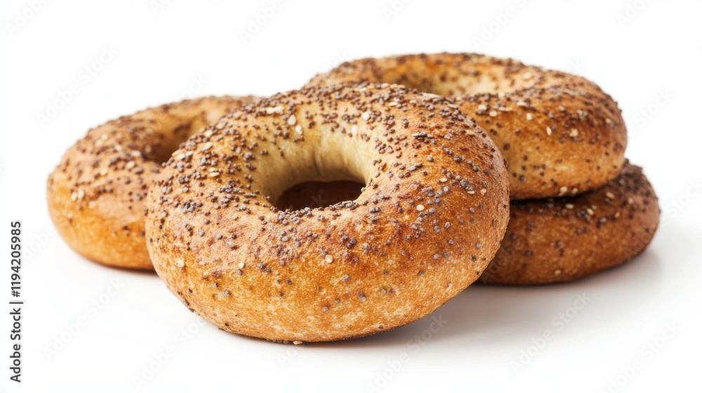 Freshly Baked Bagels with Poppy Seeds on White Background, Perfect for Breakfast or Snack, Deliciously Soft and Chewy Texture, Ideal for Food Photography and Culinary Designs Freshly Baked Bagels with Poppy Seeds on White Background, Perfect for Breakfast or Snack, Deliciously Soft and Chewy Texture, Ideal for Food Photography and Culinary Designs