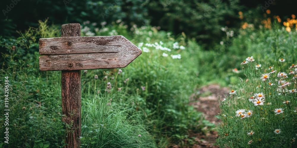 Rustic Wooden Arrow Sign Guiding Path Through Lush Green Meadow with Wildflowers Rustic Wooden Arrow Sign Guiding Path Through Lush Green Meadow with Wildflowers