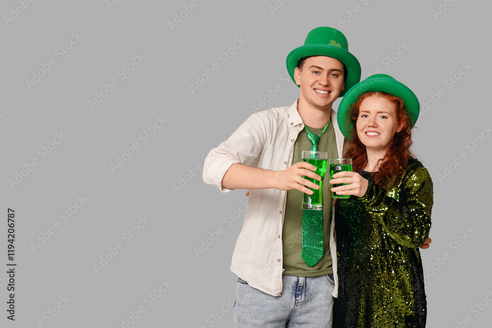 Young couple with beer on light background. St. Patrick's Day celebration Young couple with beer on light background. St. Patrick's Day celebration