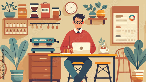 A man wearing glasses is doing work accompanied by a cup of coffee and croissant