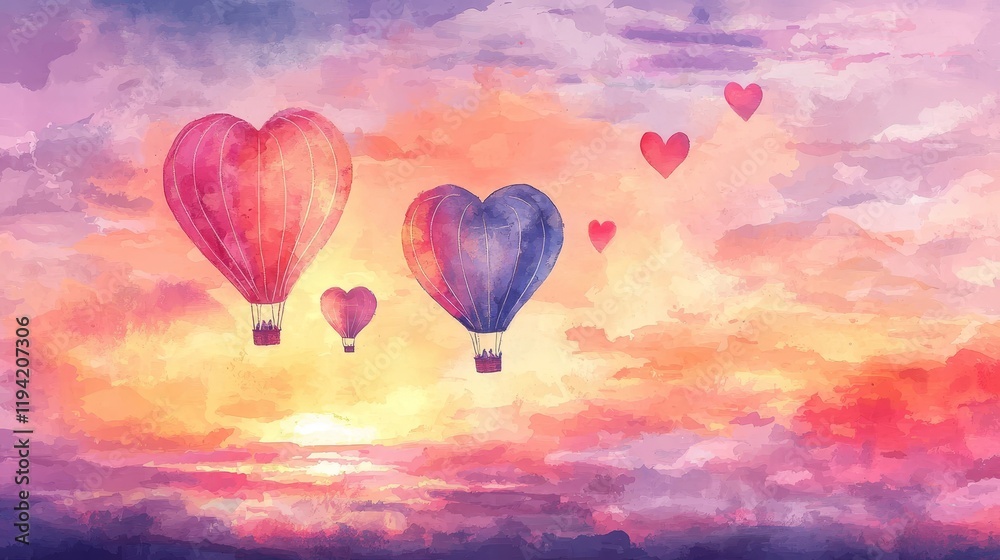 Fototapeta premium Romantic hot air balloon ride at sunset, heart-shaped balloons flying across the sky, watercolor illustration