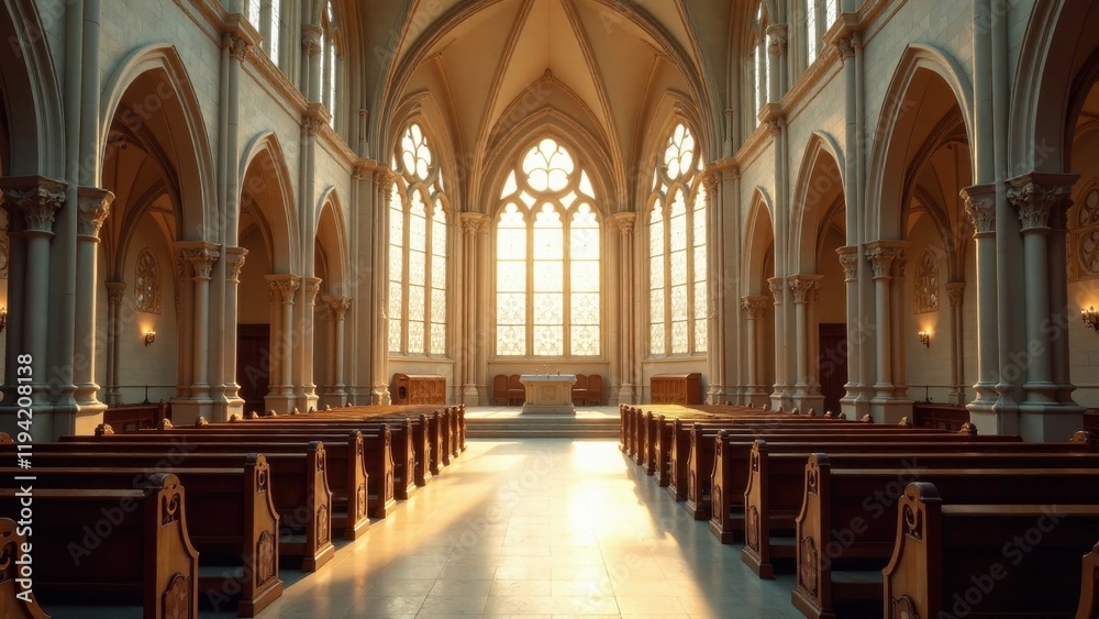 Fototapeta premium Sunlit Sanctuary A Tranquil Church Interior with Wooden Pews and Gothic Architecture