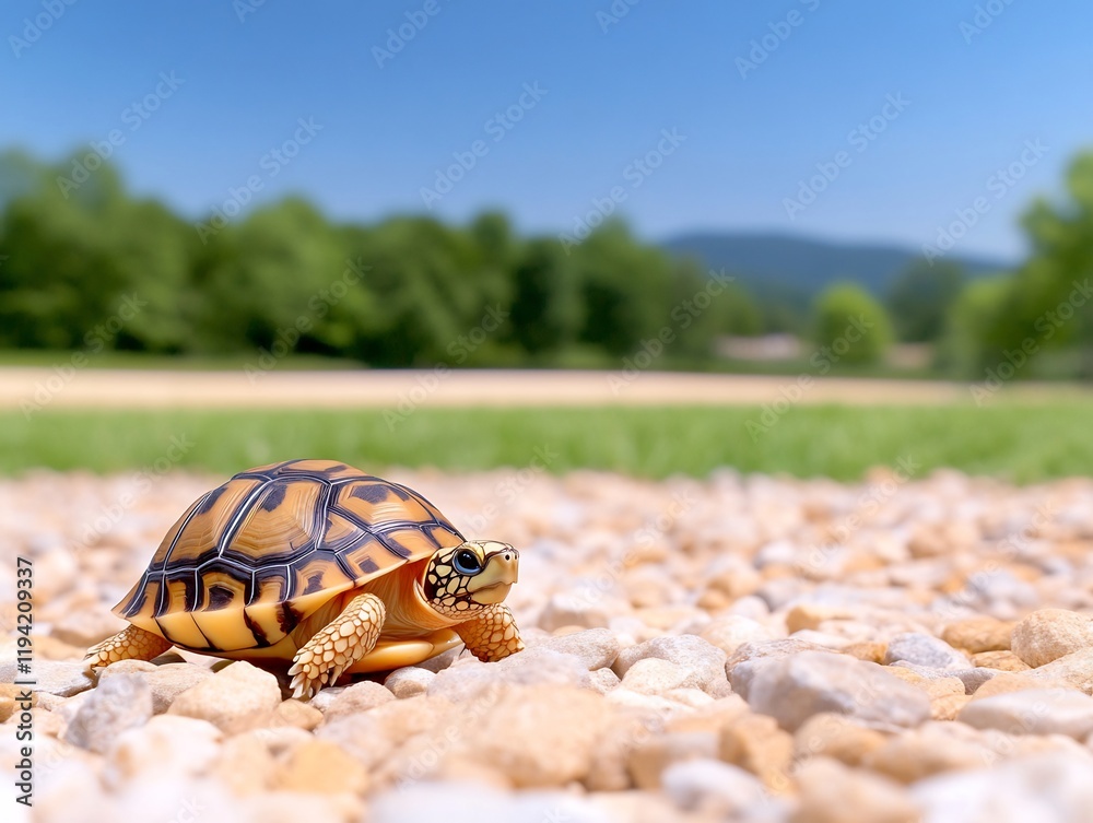 Obraz premium Tiny Tortoise Slowly Crawls Sunny Pebble Path. AI Generated