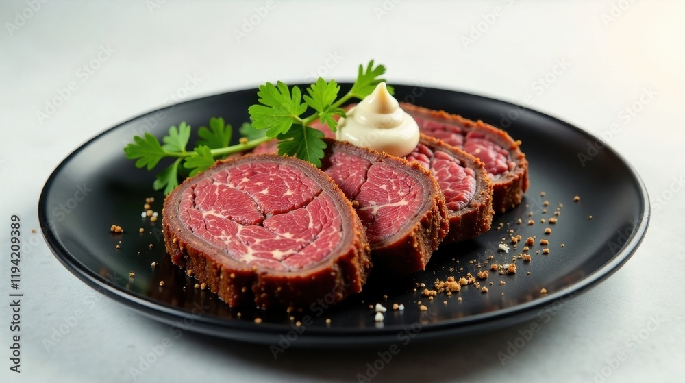 Delicious Slices of Roasted Beef Roll, Garnished with Fresh Parsley and Creamy Sauce on a Dark Plate Delicious Slices of Roasted Beef Roll, Garnished with Fresh Parsley and Creamy Sauce on a Dark Plate