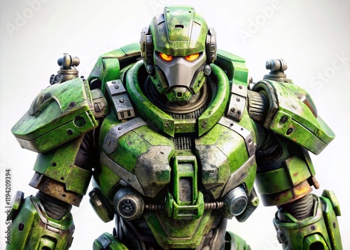 Futuristic Green & Gray Mech Soldier 3D Render - Military Robot, Scratched Armor, White Background