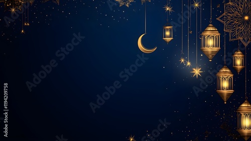 Elegant Ramadan Kareem background with hanging lanterns and crescent moon, banner decoration in an Islamic festival celebration photo