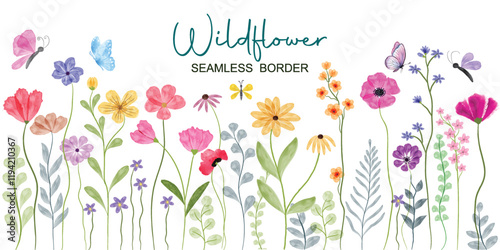 Minimalist Wildflower Illustration - Seamless Watercolor Floral Arrangements With Butterflies