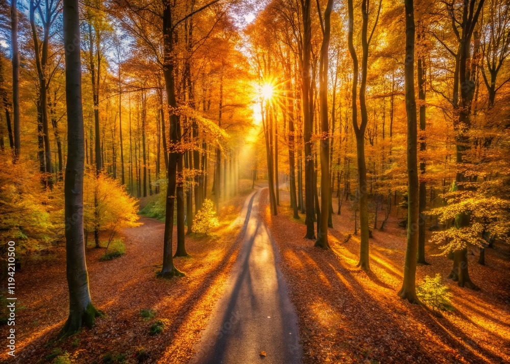 Obraz premium Golden Autumn Forest Sunlight, Fall Foliage, Nature Scene, Vibrant Trees, Sunlight Shadows