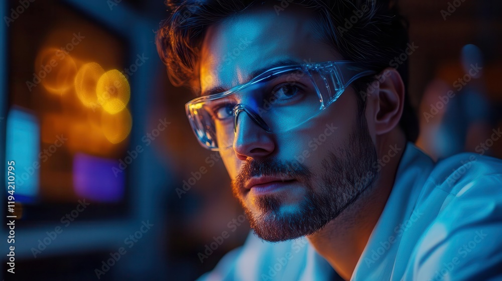 A focused scientist in protective glasses contemplates research amidst a softly lit laboratory environment. A focused scientist in protective glasses contemplates research amidst a softly lit laboratory environment.