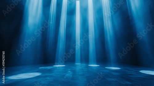 Dark and moody night scene with blue spotlights smoke and concrete textured wall creating grunge atmosphere for modern and edgy design room