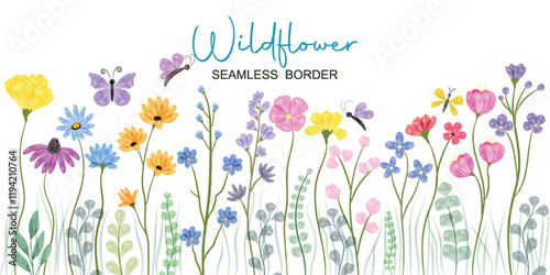 Minimalist Wildflower Illustration - Seamless Watercolor Floral Arrangements With Butterflies