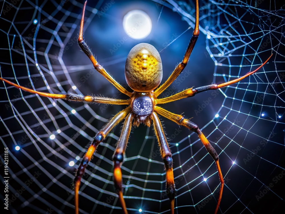 Golden Silk Orb-Weaver Spider Night Photography - Detailed Macro Shot Golden Silk Orb-Weaver Spider Night Photography - Detailed Macro Shot
