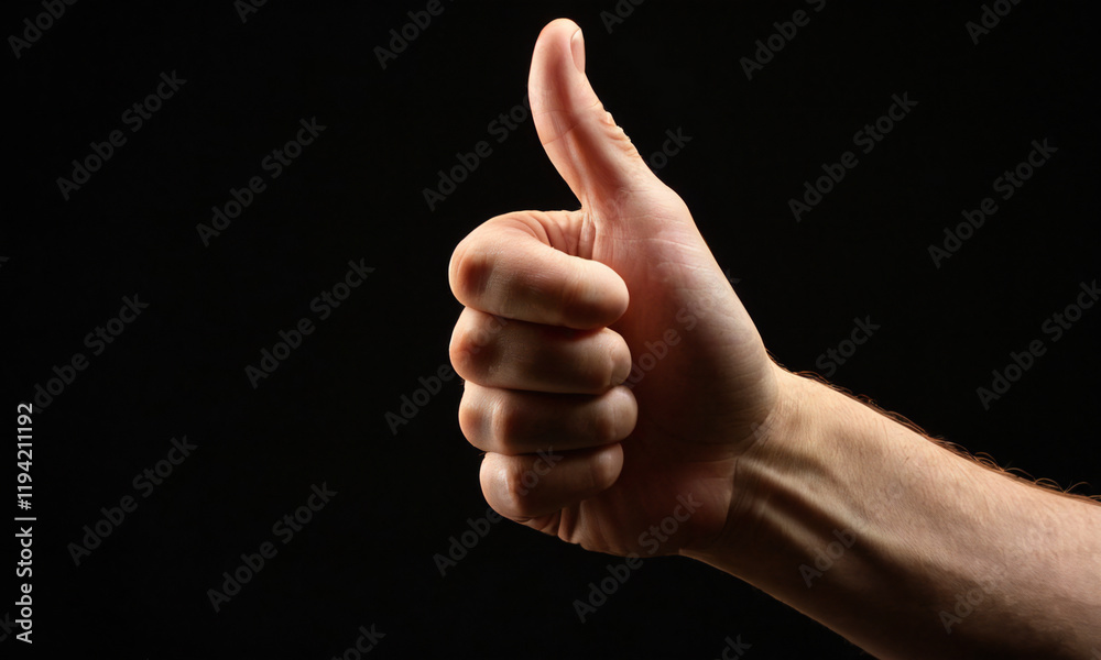 Hand showing thumbs up, OK sign on black background Hand showing thumbs up, OK sign on black background