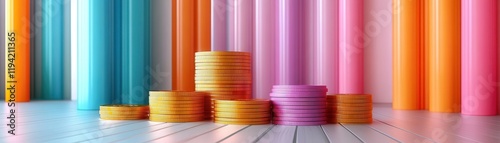 A colorful arrangement of stacked coins against a vibrant backdrop of vertical columns in various hues, creating a lively and dynamic visual effect. photo