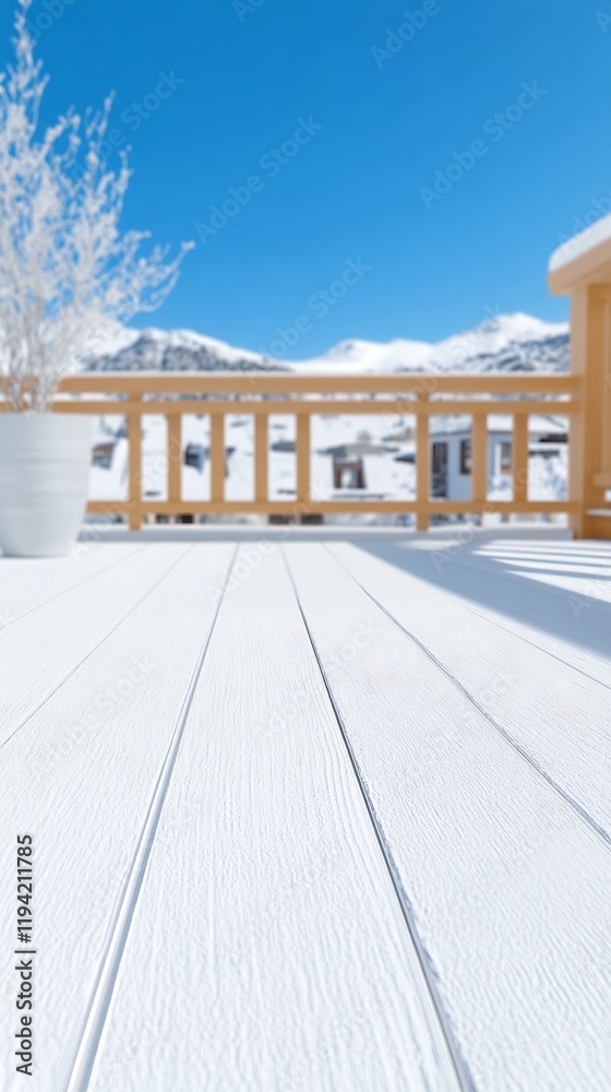 Snowy Deck Bright Winter Day Serene Mountain View. AI Generated Snowy Deck Bright Winter Day Serene Mountain View. AI Generated