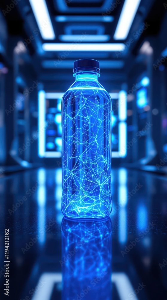 Futuristic neon water bottle in sci-fi environment with digital network design Futuristic neon water bottle in sci-fi environment with digital network design
