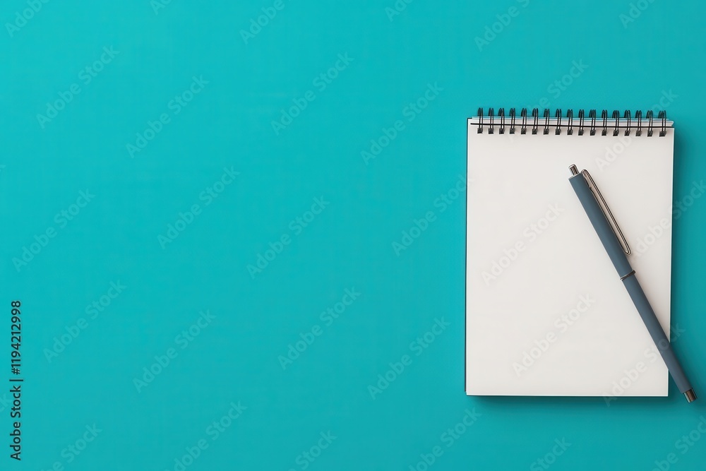 A blank notepad and pen resting on a vibrant turquoise background, ideal for notes, sketches, or brainstorming ideas. A blank notepad and pen resting on a vibrant turquoise background, ideal for notes, sketches, or brainstorming ideas.